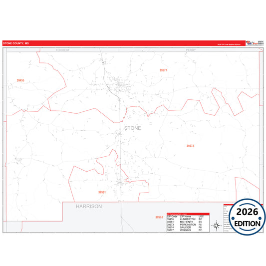 Stone County, MS Red Line 5 Digit ZIP Code Wall Map