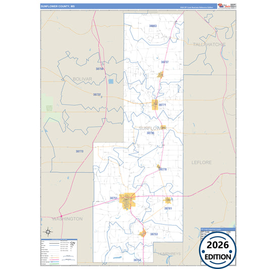 Sunflower County, MS Business Reference 5 Digit ZIP Code Wall Map