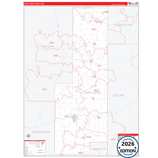 Sunflower County, MS Red Line 5 Digit ZIP Code Wall Map