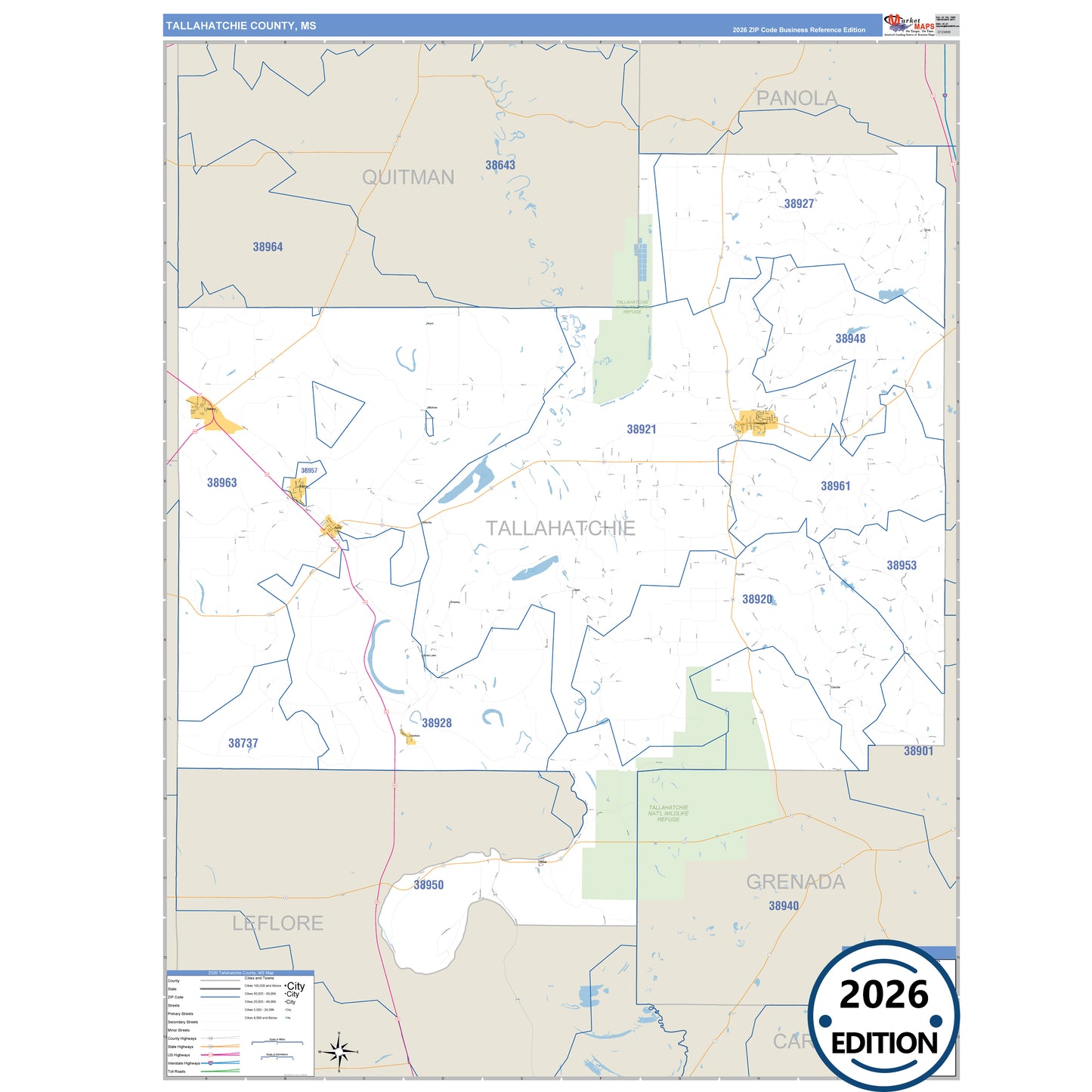 Tallahatchie County, MS Business Reference 5 Digit ZIP Code Wall Map