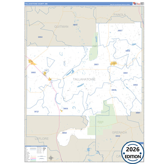 Tallahatchie County, MS Business Reference 5 Digit ZIP Code Wall Map