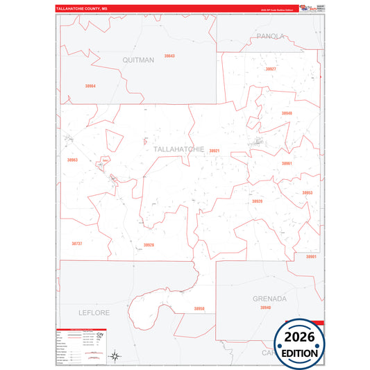 Tallahatchie County, MS Red Line 5 Digit ZIP Code Wall Map