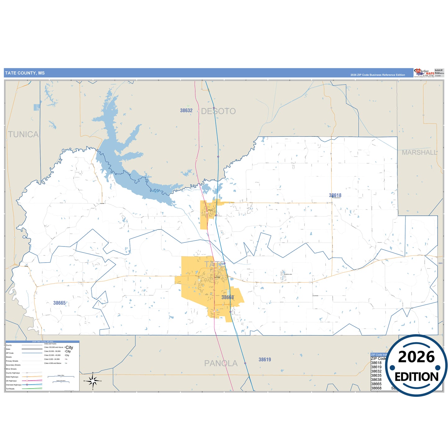 Tate County, MS Business Reference 5 Digit ZIP Code Wall Map
