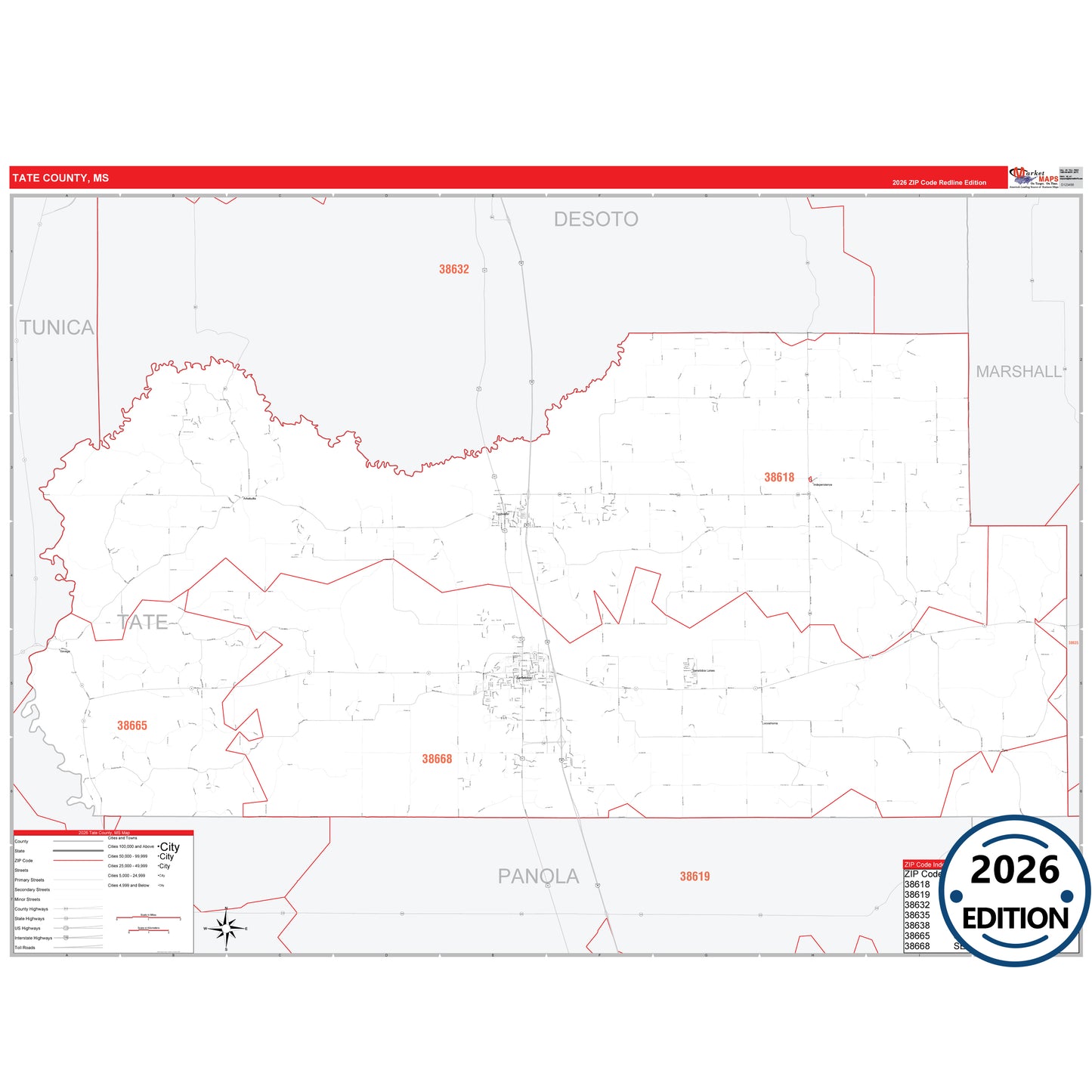 Tate County, MS Red Line 5 Digit ZIP Code Wall Map