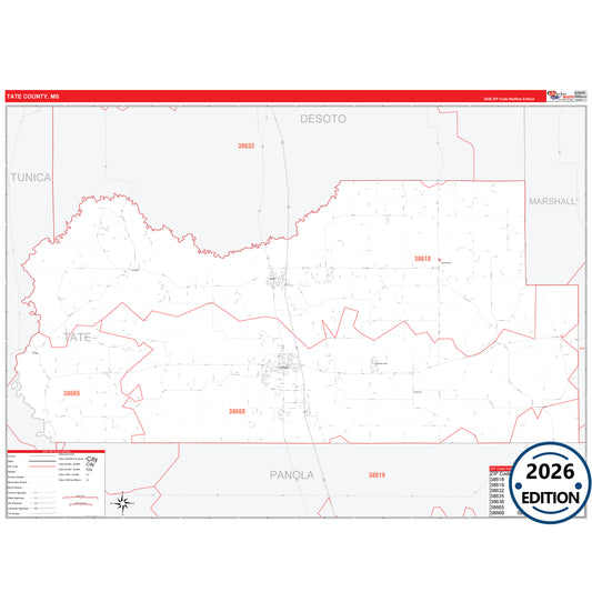 Tate County, MS Red Line 5 Digit ZIP Code Wall Map