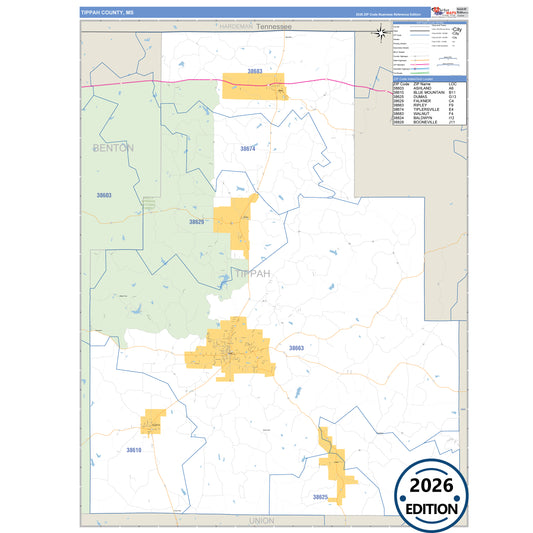 Tippah County, MS Business Reference 5 Digit ZIP Code Wall Map