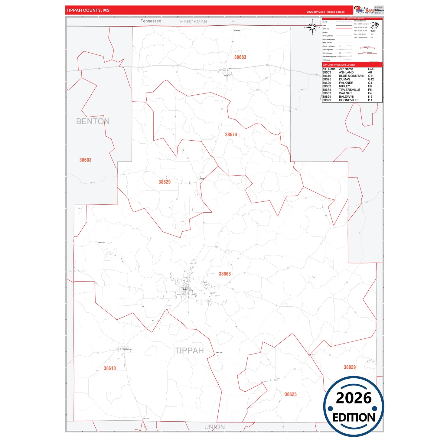 Tippah County, MS Red Line 5 Digit ZIP Code Wall Map