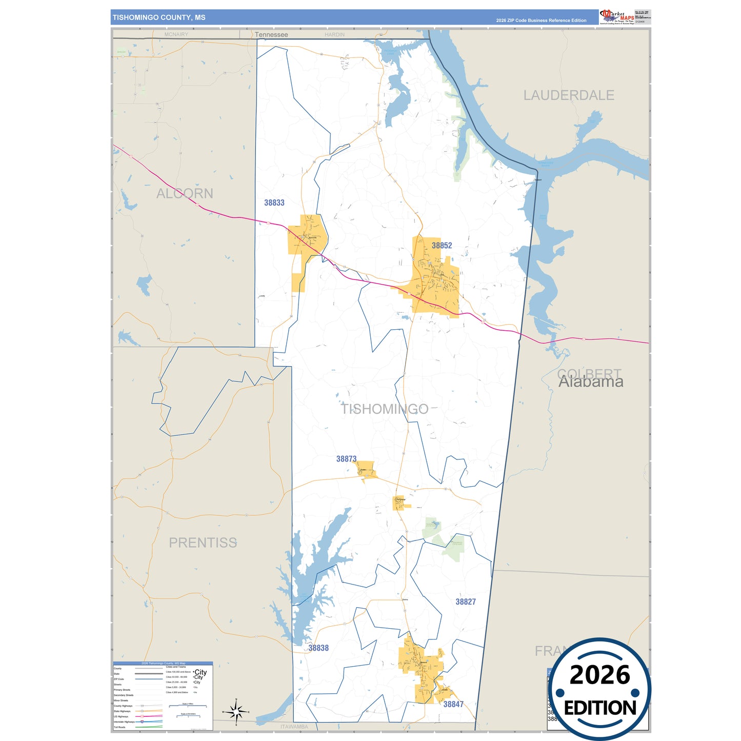 Tishomingo County, MS Business Reference 5 Digit ZIP Code Wall Map