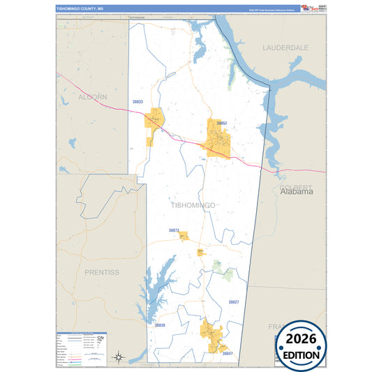 Tishomingo County, MS Business Reference 5 Digit ZIP Code Wall Map