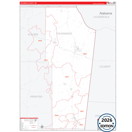 Tishomingo County, MS Red Line 5 Digit ZIP Code Wall Map