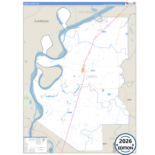 Tunica County, MS Business Reference 5 Digit ZIP Code Wall Map