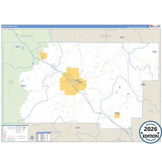 Union County, MS Business Reference 5 Digit ZIP Code Wall Map