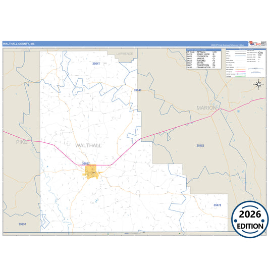 Walthall County, MS Business Reference 5 Digit ZIP Code Wall Map