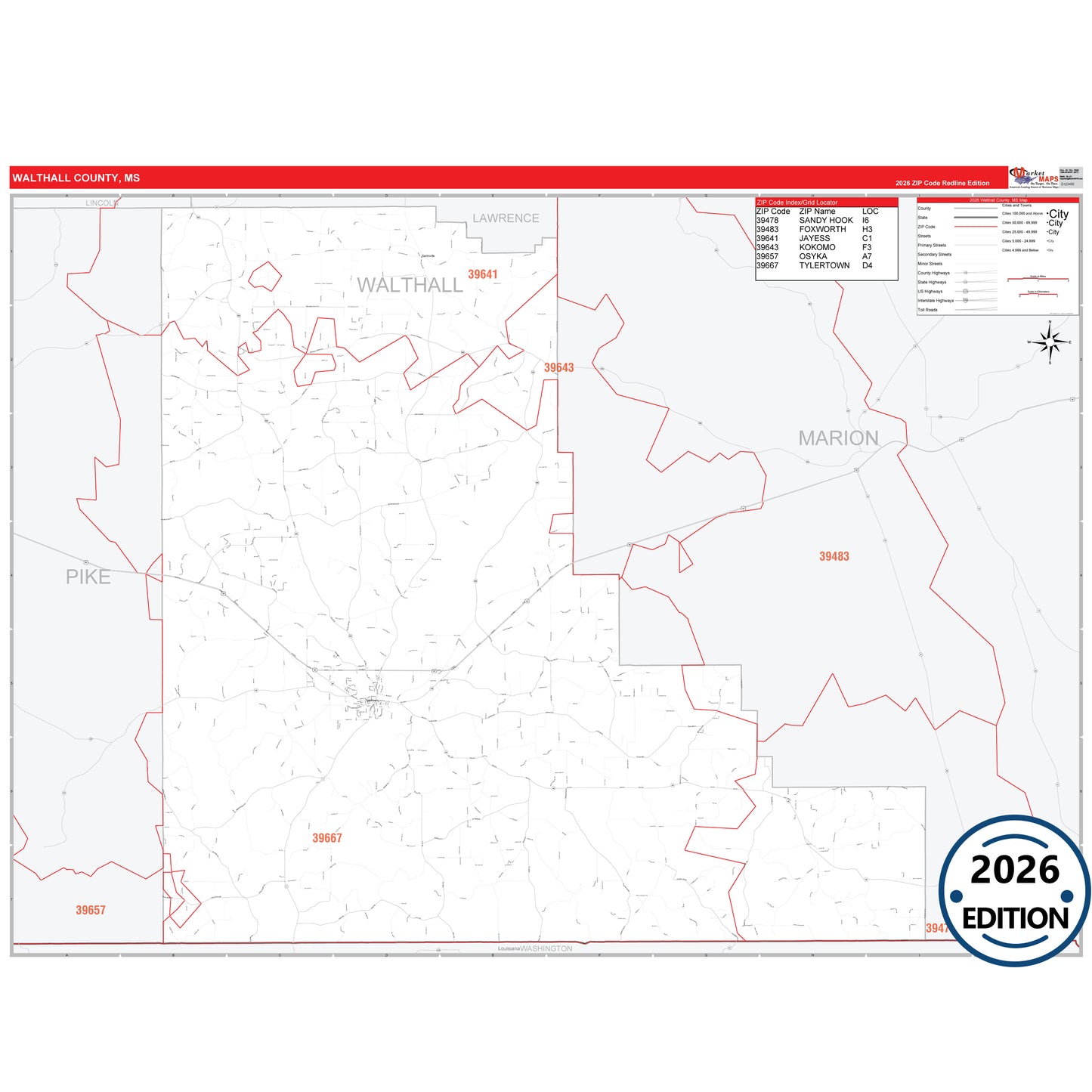Walthall County, MS Red Line 5 Digit ZIP Code Wall Map