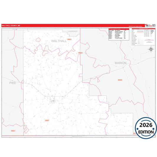 Walthall County, MS Red Line 5 Digit ZIP Code Wall Map