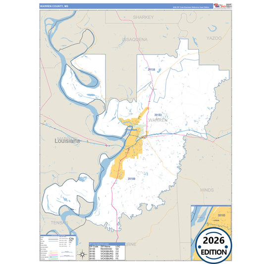 Warren County, MS Business Reference 5 Digit ZIP Code Wall Map