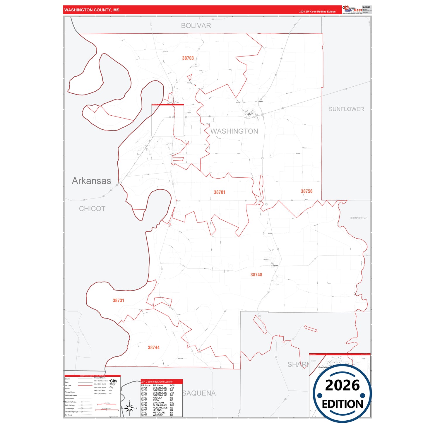 Washington County, MS Red Line 5 Digit ZIP Code Wall Map