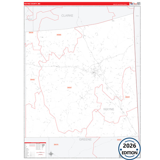 Wayne County, MS Red Line 5 Digit ZIP Code Wall Map