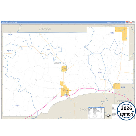 Webster County, MS Business Reference 5 Digit ZIP Code Wall Map