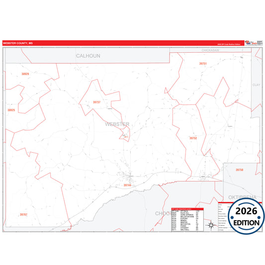 Webster County, MS Red Line 5 Digit ZIP Code Wall Map