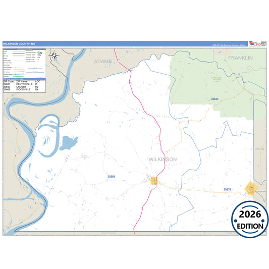 Wilkinson County, MS Business Reference 5 Digit ZIP Code Wall Map