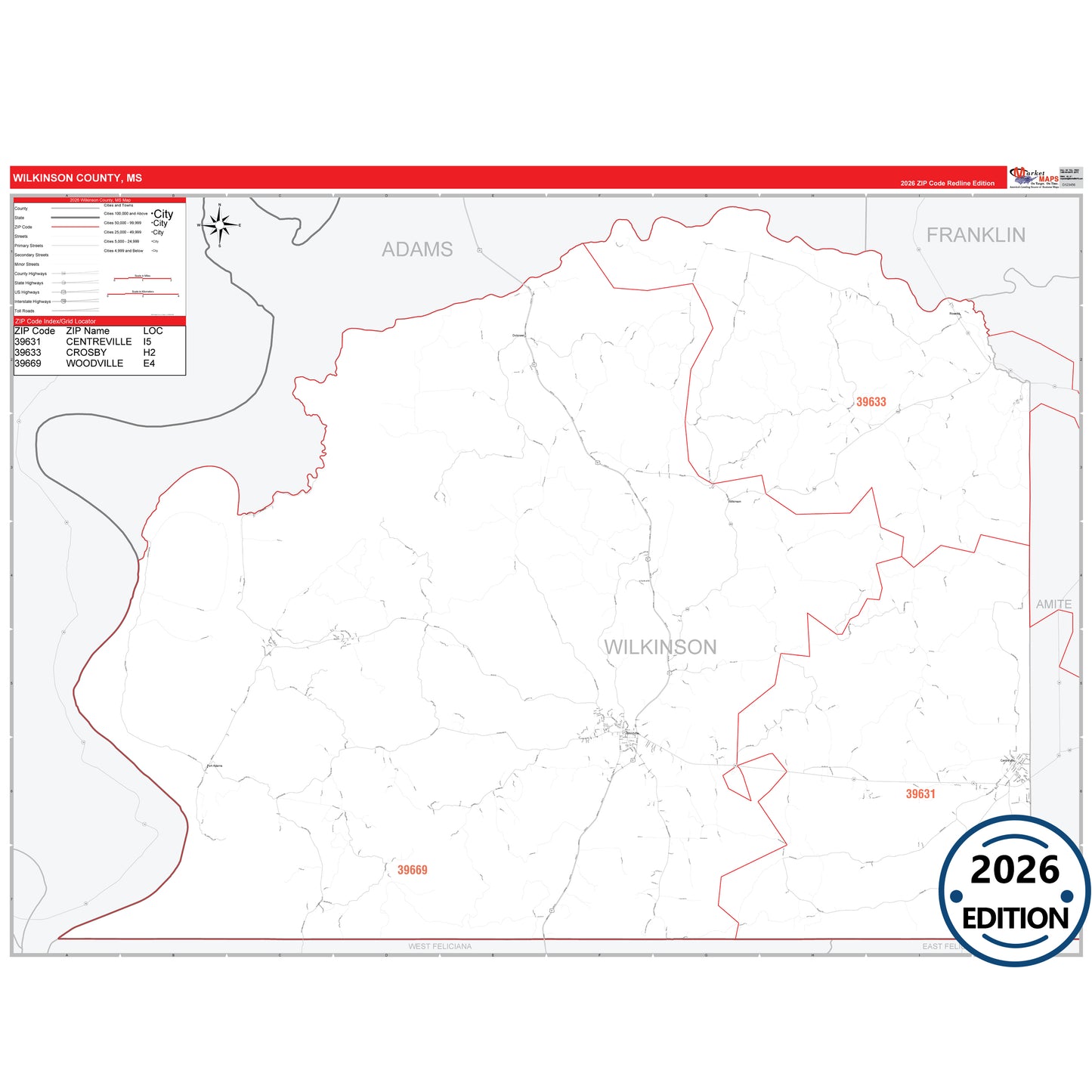Wilkinson County, MS Red Line 5 Digit ZIP Code Wall Map