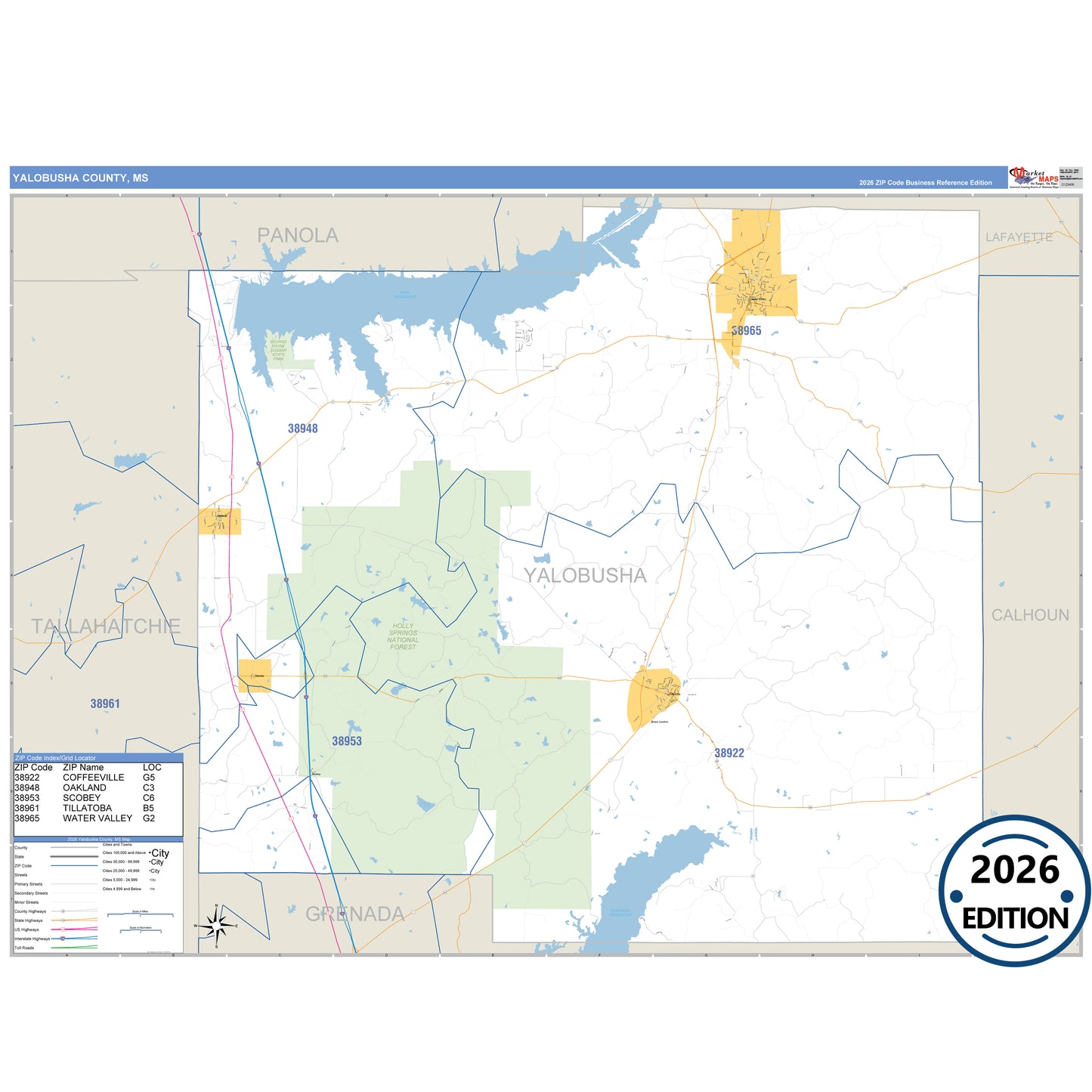 Yalobusha County, MS Business Reference 5 Digit ZIP Code Wall Map