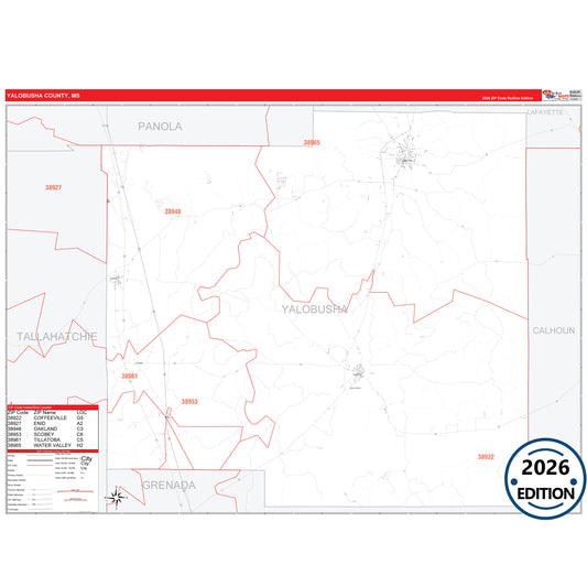 Yalobusha County, MS Red Line 5 Digit ZIP Code Wall Map