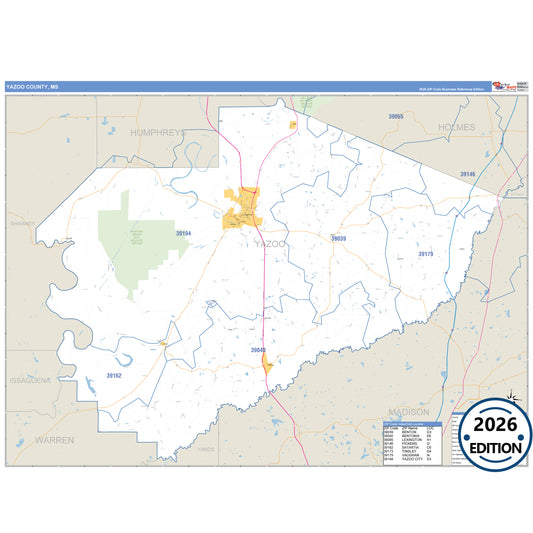 Yazoo County, MS Business Reference 5 Digit ZIP Code Wall Map