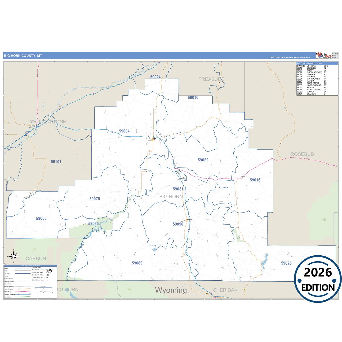 Big Horn County, MT Business Reference 5 Digit ZIP Code Wall Map