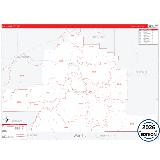 Big Horn County, MT Red Line 5 Digit ZIP Code Wall Map