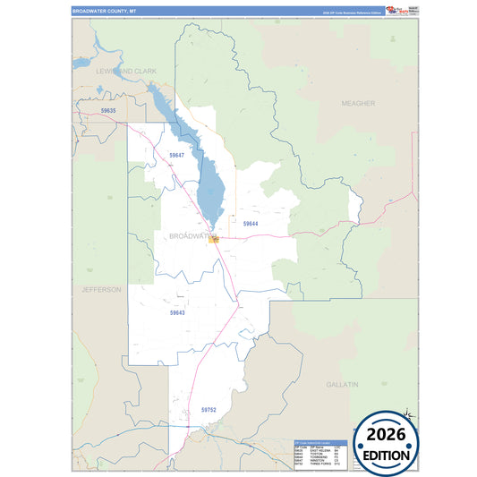Broadwater County, MT Business Reference 5 Digit ZIP Code Wall Map