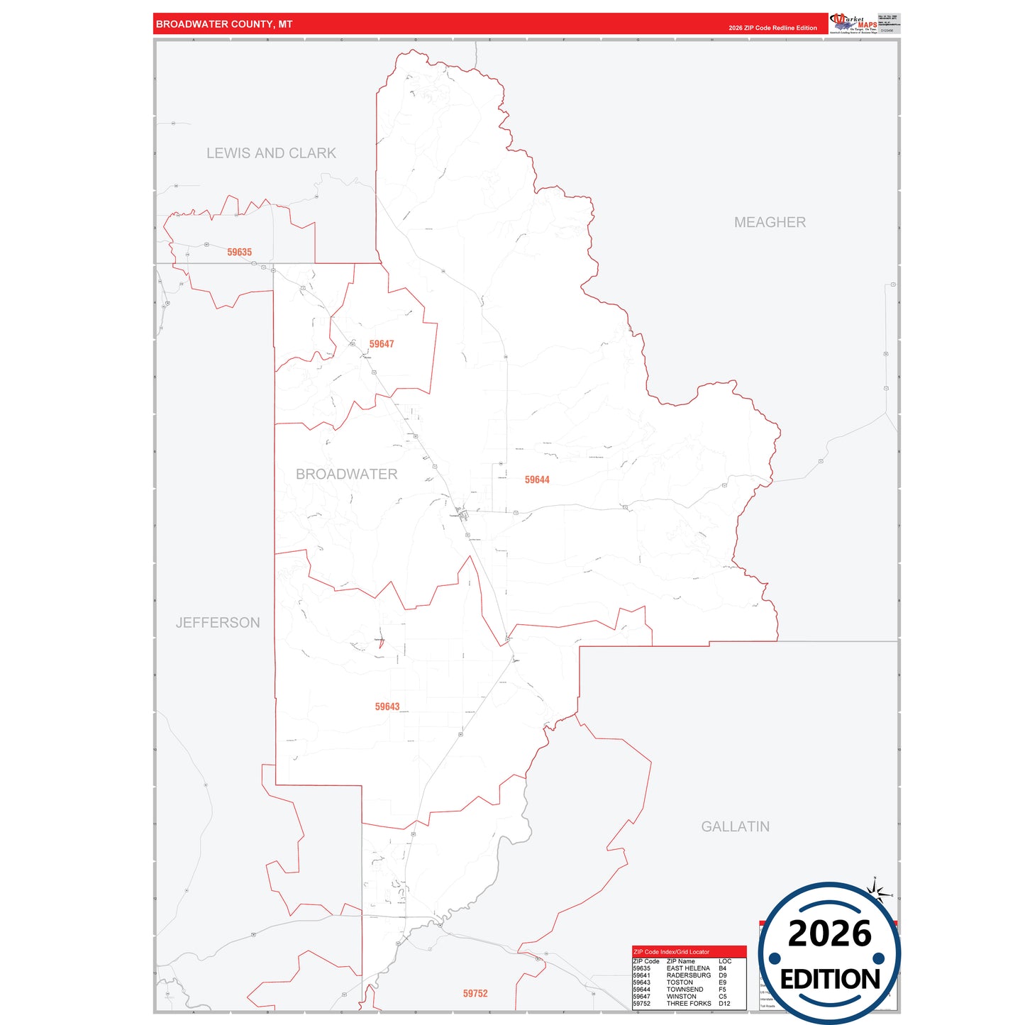 Broadwater County, MT Red Line 5 Digit ZIP Code Wall Map