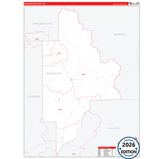 Broadwater County, MT Red Line 5 Digit ZIP Code Wall Map