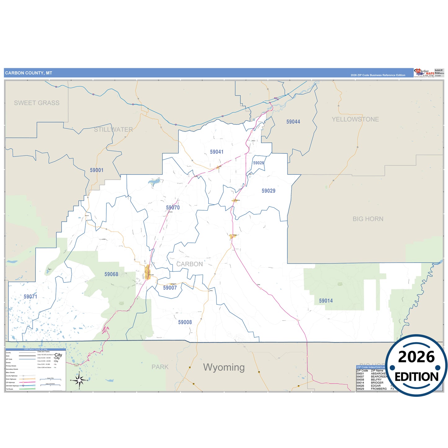 Carbon County, MT Business Reference 5 Digit ZIP Code Wall Map
