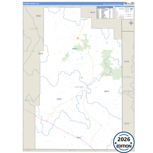 Carter County, MT Business Reference 5 Digit ZIP Code Wall Map