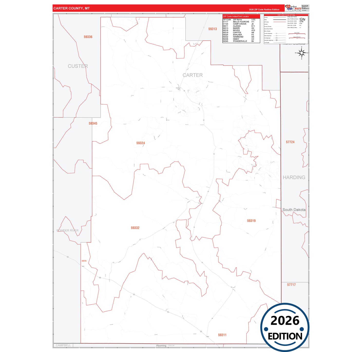 Carter County, MT Red Line 5 Digit ZIP Code Wall Map
