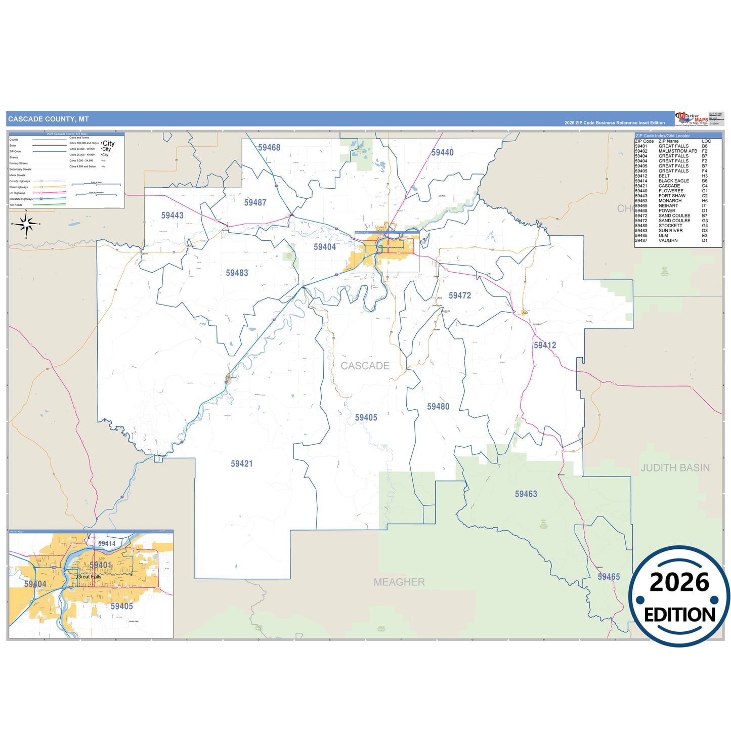 Cascade County, MT Business Reference 5 Digit ZIP Code Wall Map