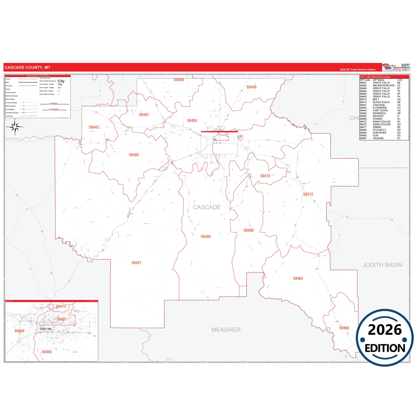 Cascade County, MT Red Line 5 Digit ZIP Code Wall Map