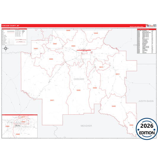 Cascade County, MT Red Line 5 Digit ZIP Code Wall Map