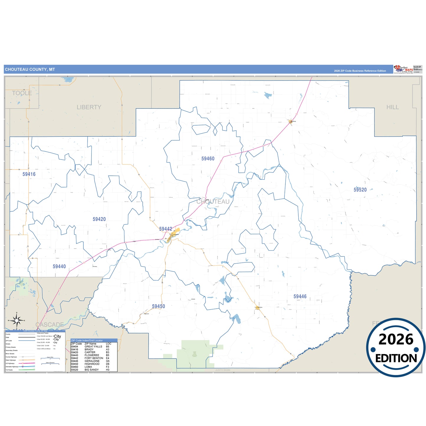 Chouteau County, MT Business Reference 5 Digit ZIP Code Wall Map