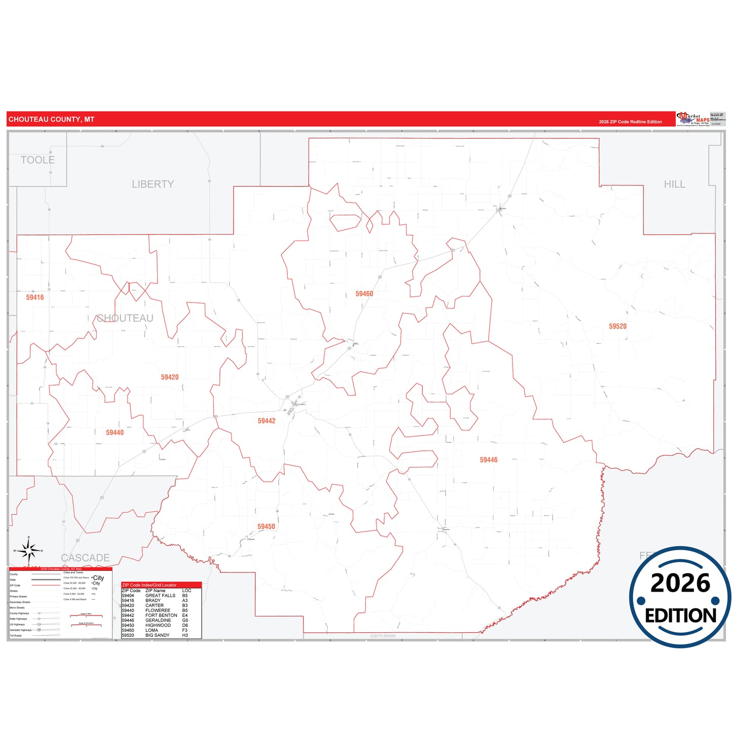 Chouteau County, MT Red Line 5 Digit ZIP Code Wall Map