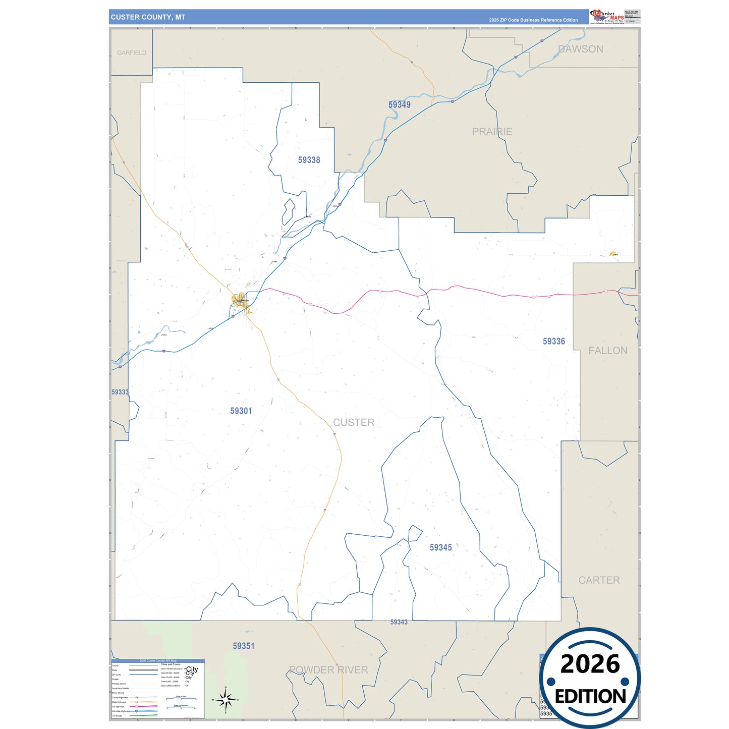 Custer County, MT Business Reference 5 Digit ZIP Code Wall Map