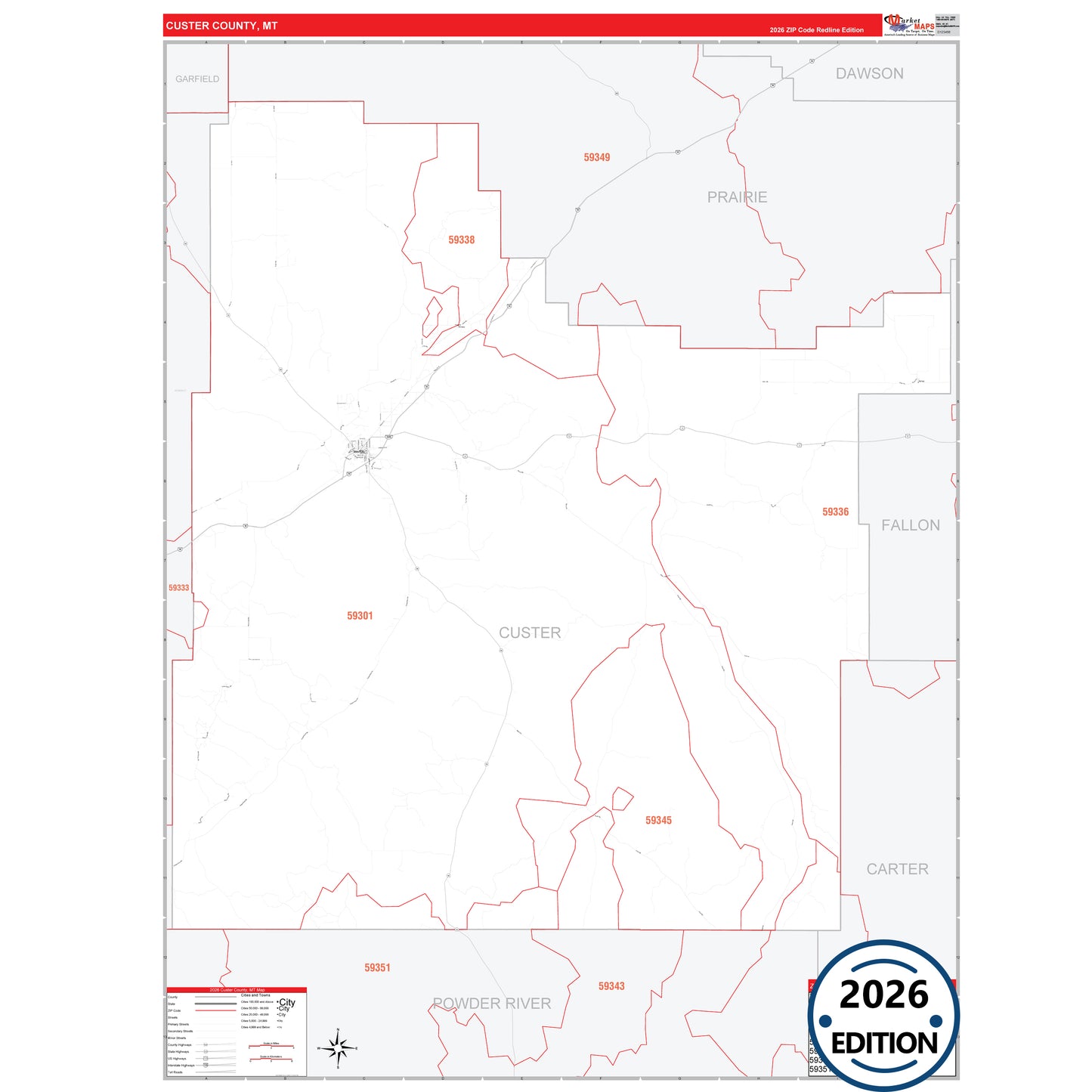 Custer County, MT Red Line 5 Digit ZIP Code Wall Map