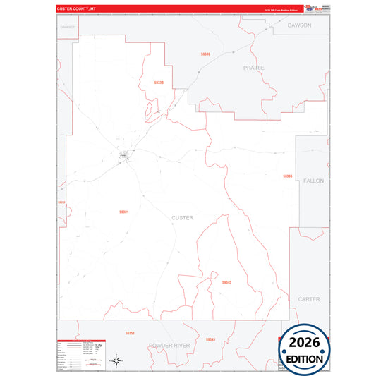 Custer County, MT Red Line 5 Digit ZIP Code Wall Map