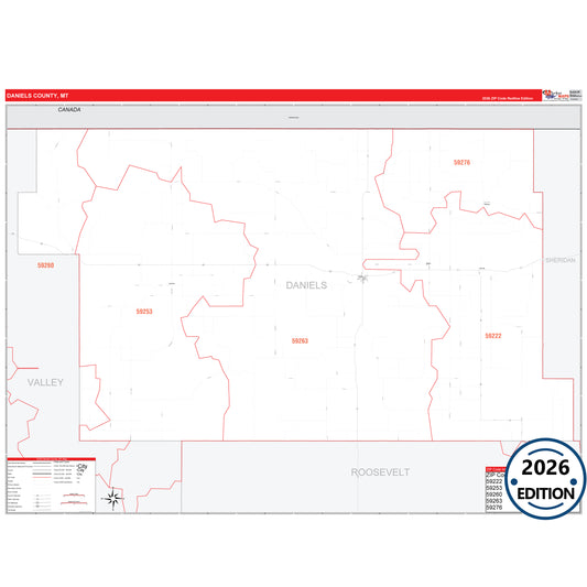Daniels County, MT Red Line 5 Digit ZIP Code Wall Map