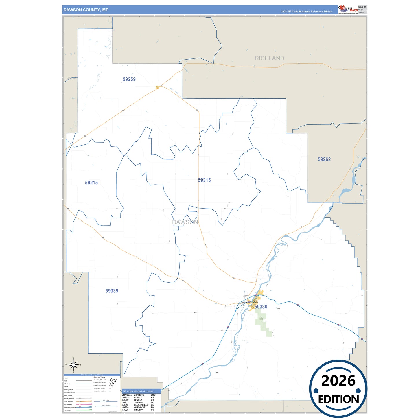 Dawson County, MT Business Reference 5 Digit ZIP Code Wall Map