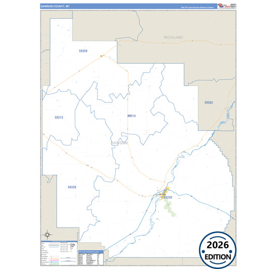 Dawson County, MT Business Reference 5 Digit ZIP Code Wall Map