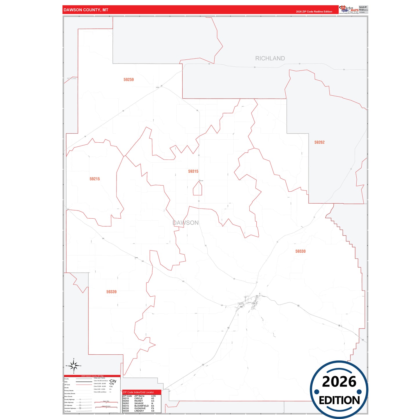 Dawson County, MT Red Line 5 Digit ZIP Code Wall Map