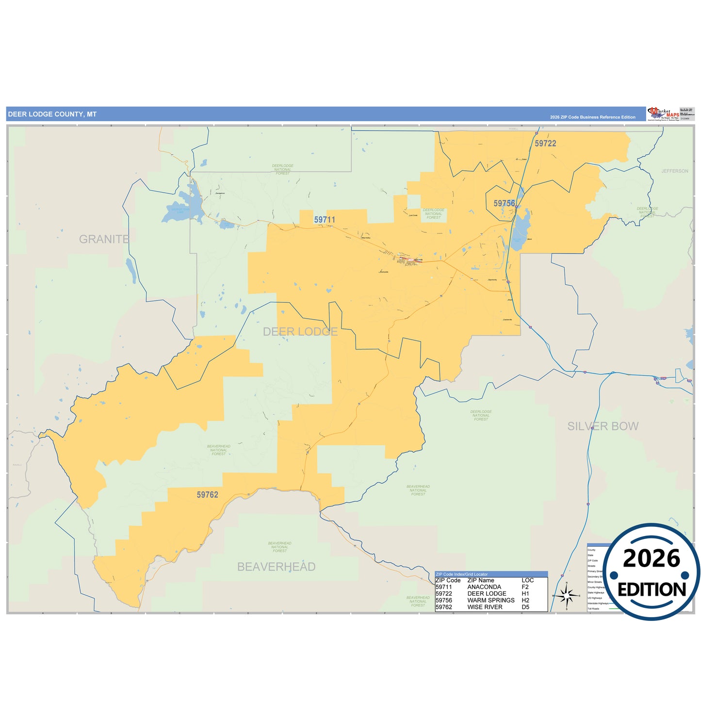 Deer Lodge County, MT Business Reference 5 Digit ZIP Code Wall Map